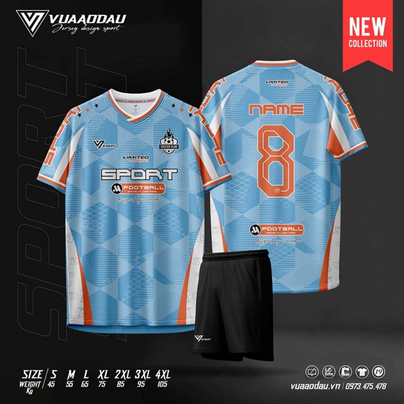 Áo Bóng Đá Phủi Xanh Nhạt Cam - Thiết Kế V Cổ Hiện Đại, Size S-4XL