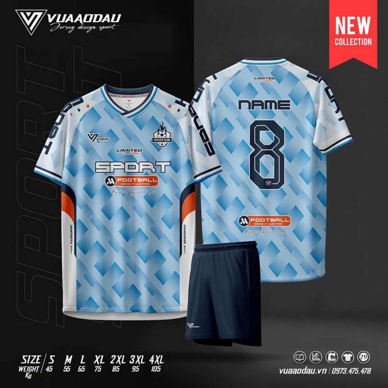 Áo Bóng Đá Phối Xanh Nhạt Họa Tiết Hình Học – Điểm Nhấn Cá Tính, Size S-4XL