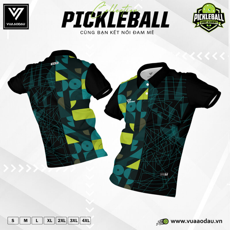 Áo Polo Pickleball Xanh Đen Họa Tiết Hình Học Năng Động