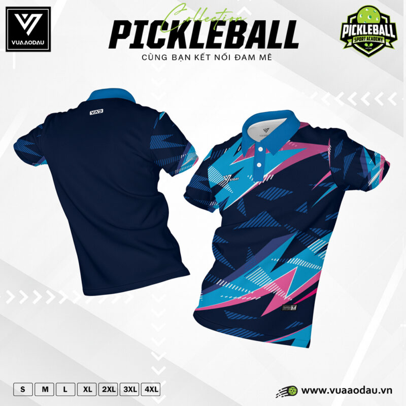 Áo Pickleball Xanh Lam Đậm Phối Hồng Neon Năng Động – Dáng Ôm Thể Thao, Chất Liệu Thoáng Mát