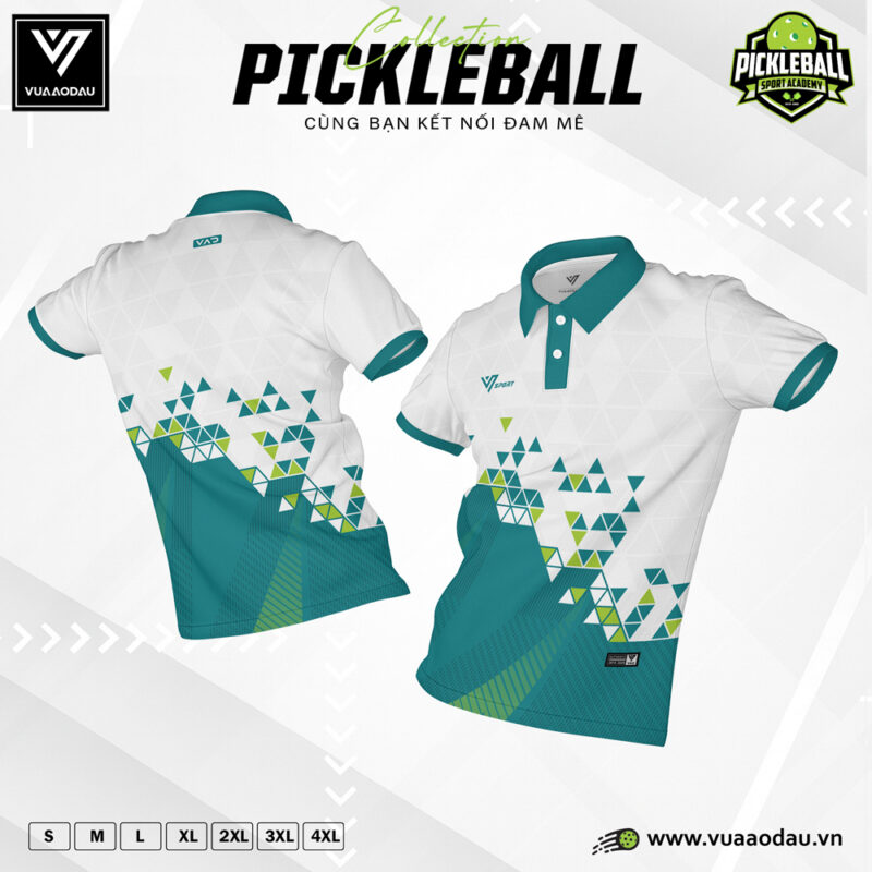 Áo thun Polo Pickleball trắng xanh ngọc bích họa tiết tam giác