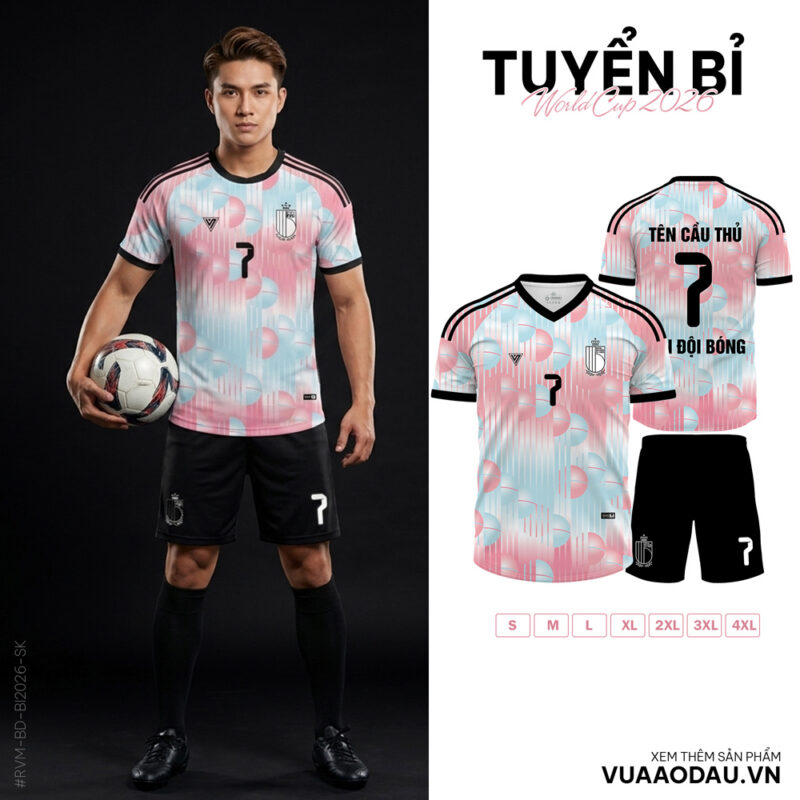 Áo Đội Tuyển Bi World Cup 2026 - Pastel Xanh Lam Hồng Phấn Viền Đen