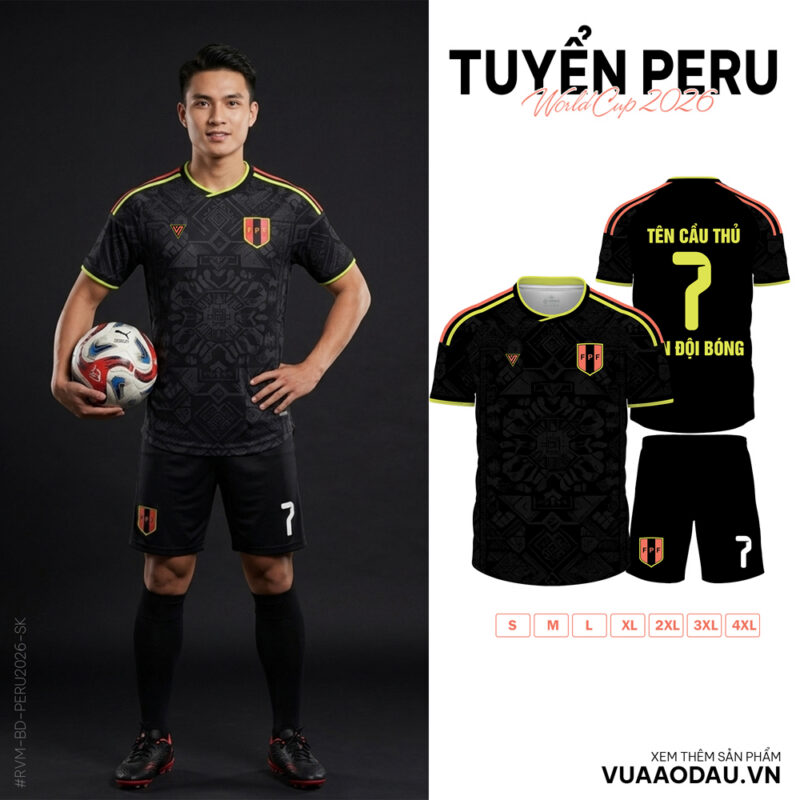 Áo Đội Tuyển World Cup 2026 Peru Màu Đen – Sọc Đỏ Vàng Neon