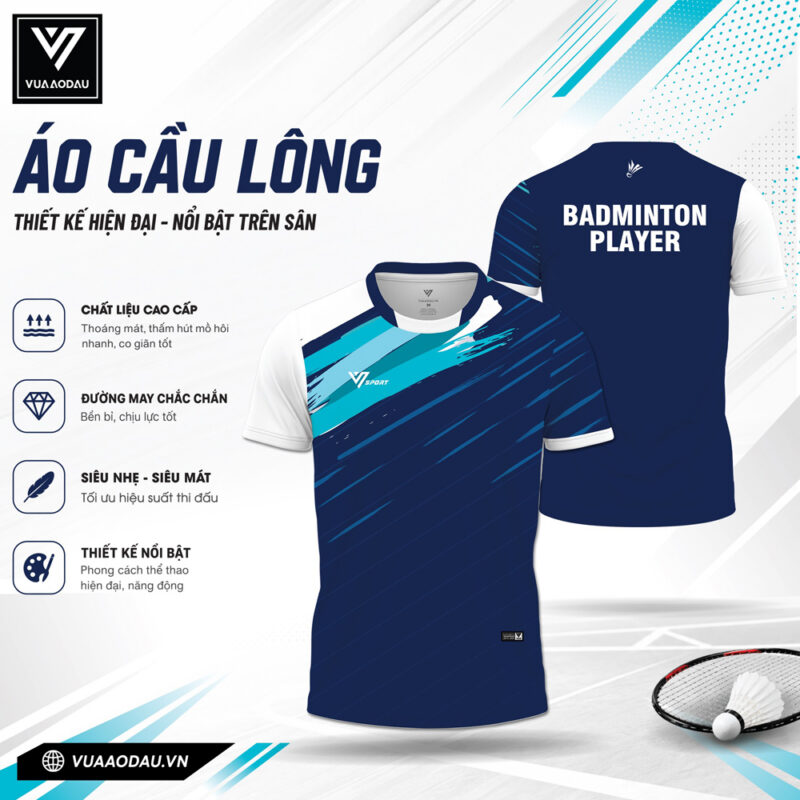 Áo cầu lông VAD-02 màu xanh navy phối trắng hiện đại