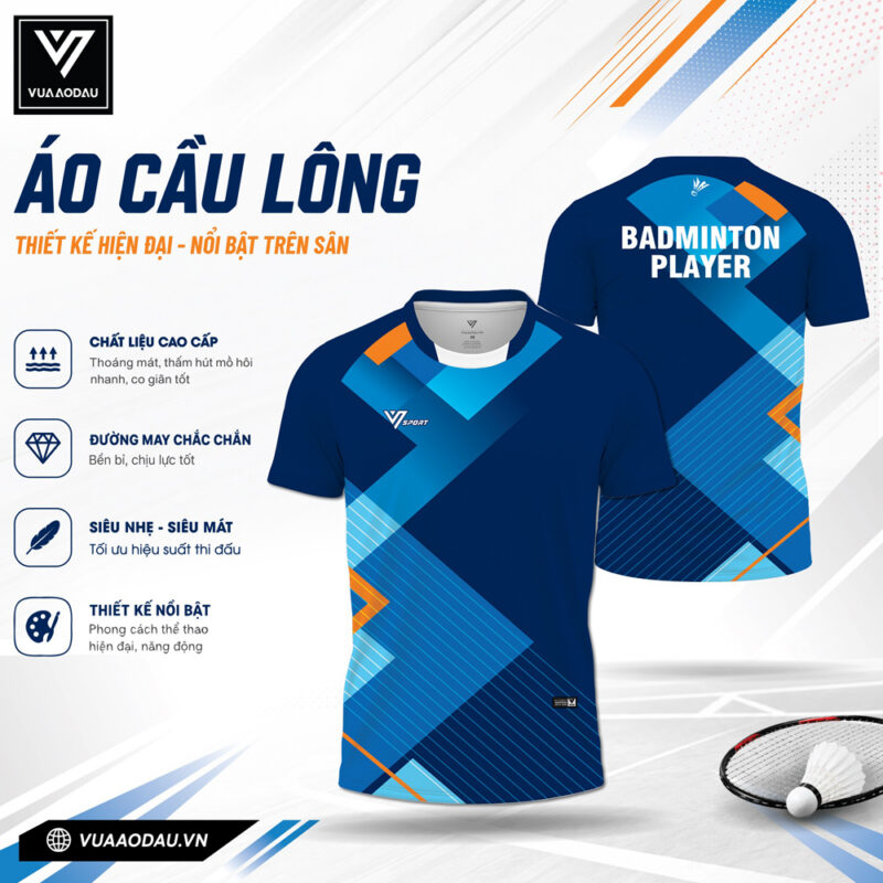 Áo Cầu Lông Xanh Dương Đậm Họa Tiết Cam – VAD-03 Siêu Nhẹ, Thiết Kế Thể Thao Hiện Đại