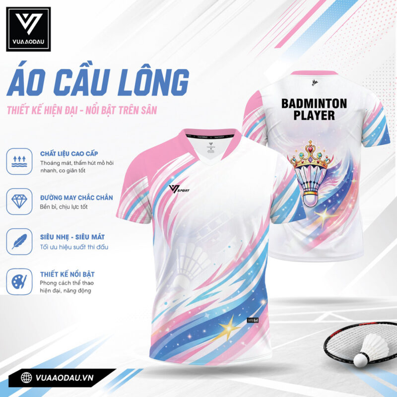 Áo Cầu Lông Trắng Phối Hồng Xanh Năng Động VAD-11