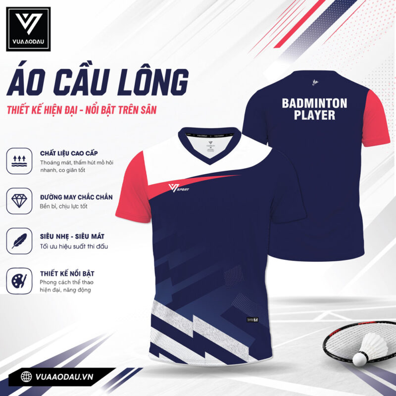 Áo Cầu Lông Xanh Đậm Phối Trắng Đỏ VAD-13 - Năng Động Và Hiện Đại