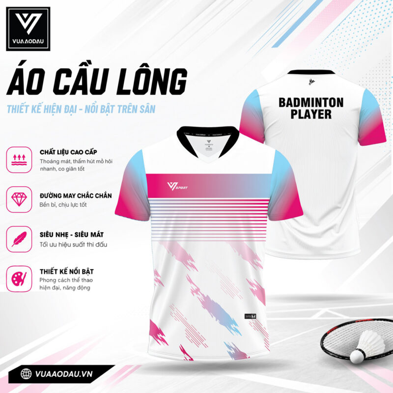 Áo cầu lông trắng hồng xanh dương – Năng động cá tính, dành riêng cho vận động viên trẻ