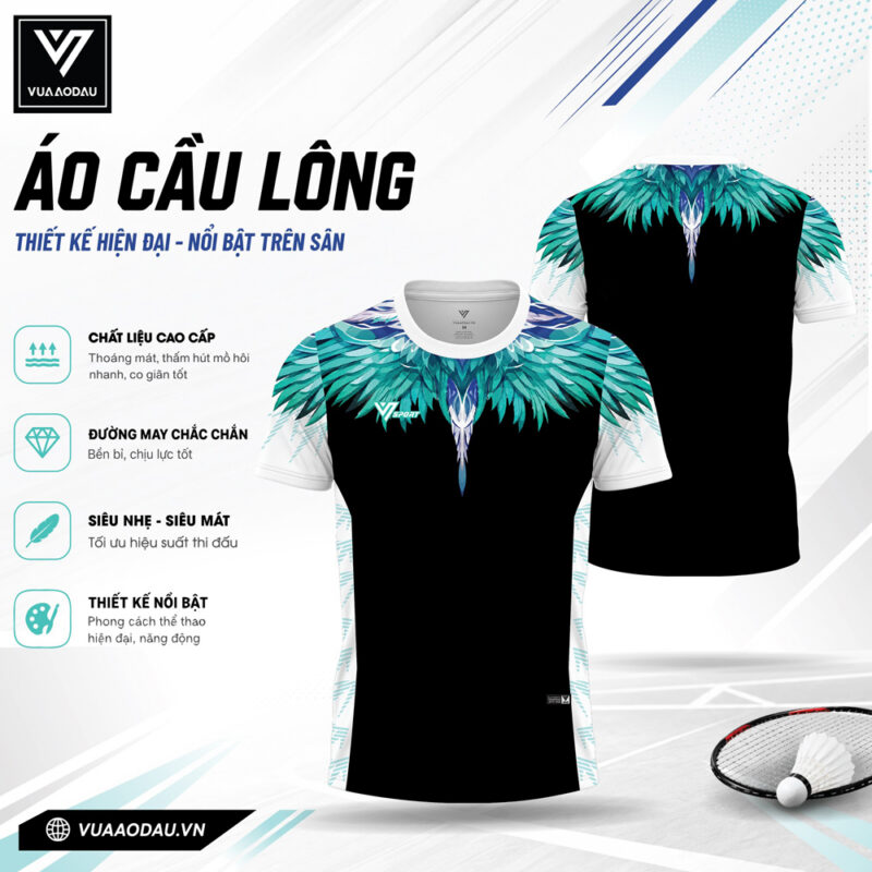 Áo Cầu Lông Đen Trắng Phối Xanh Ngọc Lam Họa Tiết Đôi Cánh VAD-17