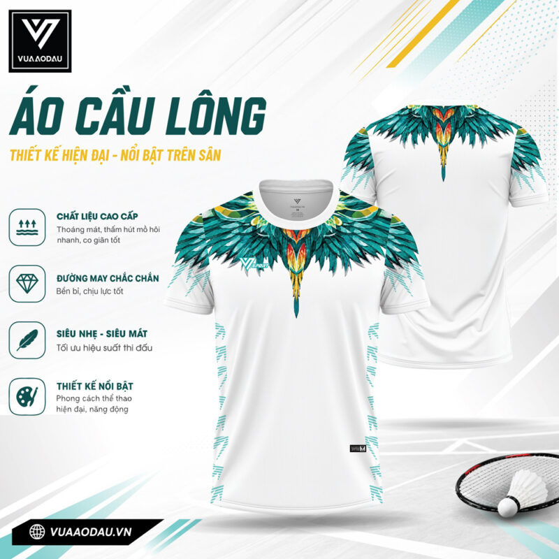 Áo Cầu Lông Trắng Họa Tiết Cánh Chim Xanh Vàng – Siêu Thoáng Mát, Đẳng Cấp Thể Thao