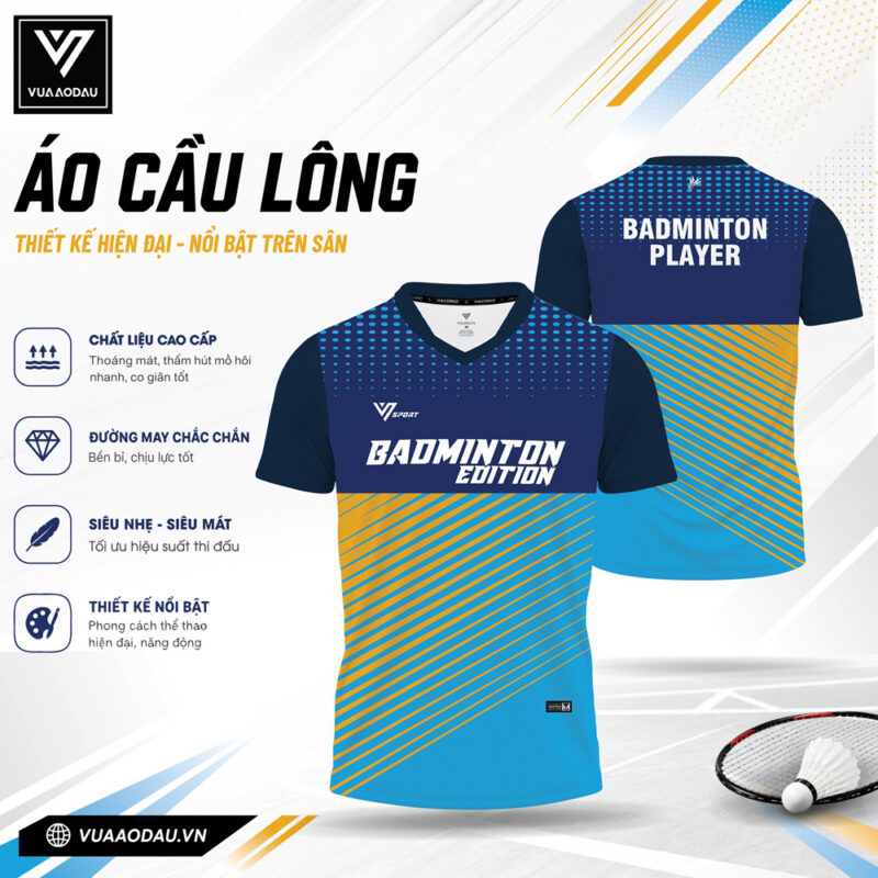Áo Cầu Lông Xanh Dương Vàng Trắng Kẻ Sọc Năng Động VAD-20