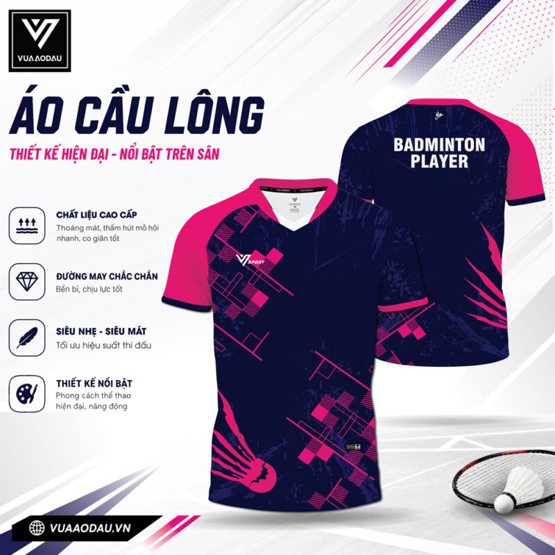 Áo Cầu Lông Nam Xanh Navy Hồng Neon VAD-21 – Nổi Bật Sân Đấu, Tối Ưu Hiệu Suất