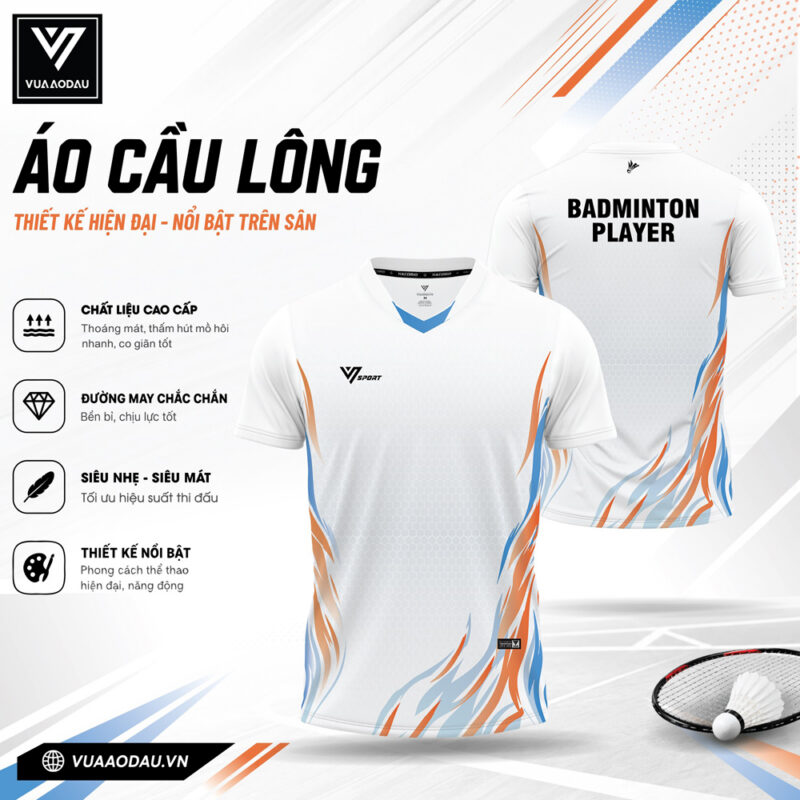 Áo Cầu Lông Trắng Xanh Cam VAD-28 – Phối Màu Hiện Đại, Siêu Nhẹ Siêu Mát