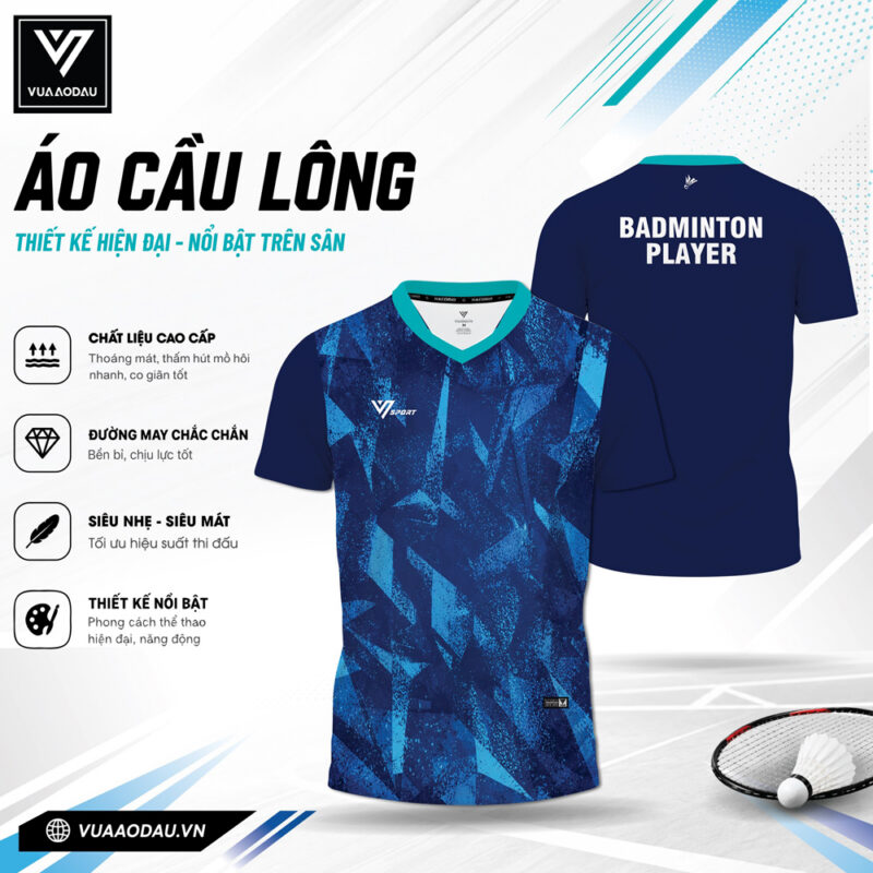 Áo cầu lông nam xanh dương họa tiết hình học VAD-29 - Thoáng mát, thời trang, bền bỉ