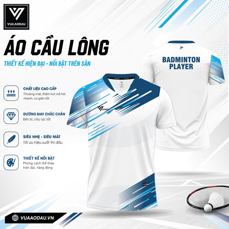 Áo Cầu Lông VAD 35 Trắng Xanh - Năng Động, Thoáng Mát, Đậm Chất Thể Thao