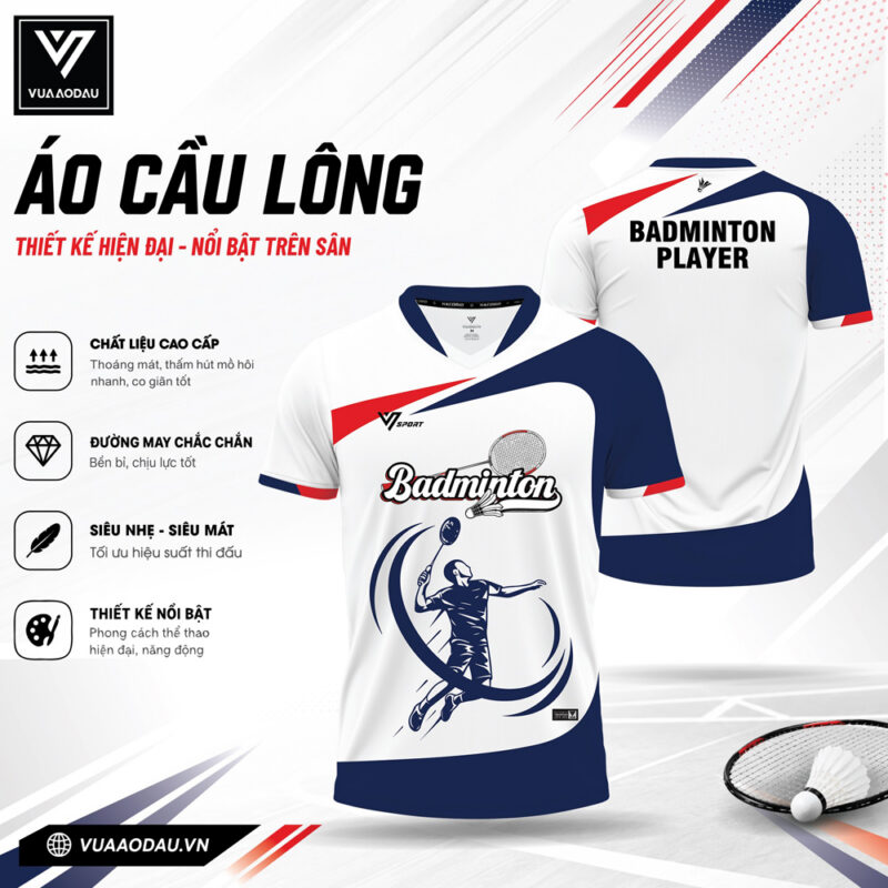 Áo Cầu Lông Trắng Xanh Navy Nhấn Đỏ VAD-36 - Thiết Kế Năng Động, Chất Liệu Cao Cấp